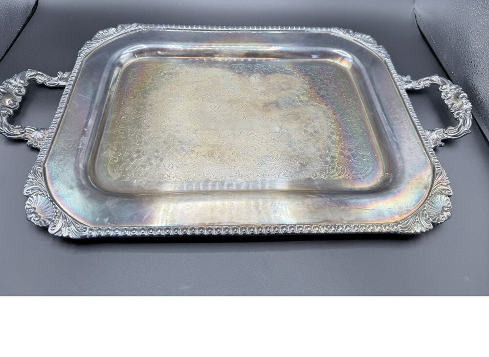 Vintage N.S.Co Silver on Copper Serving Tray Ornate Handles Engraved 20”